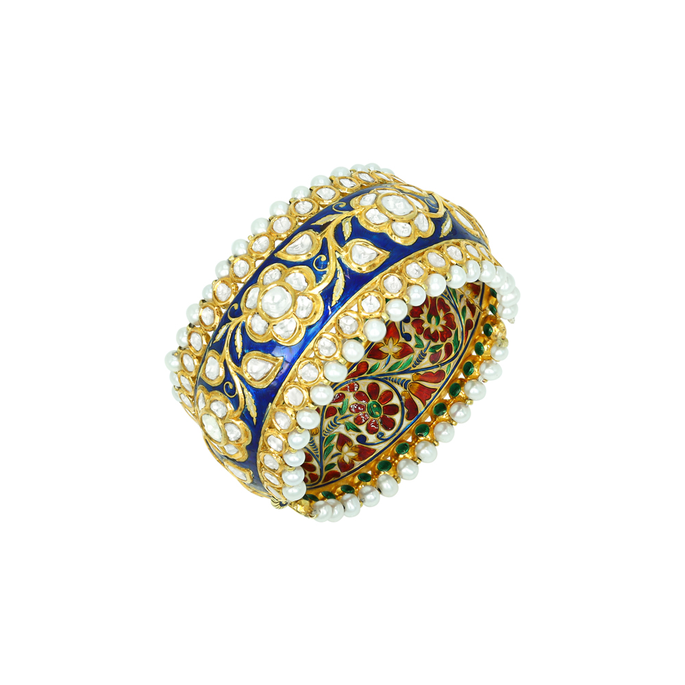 Indigo Enamel Bangle with Polki Florals and Pearl Edges